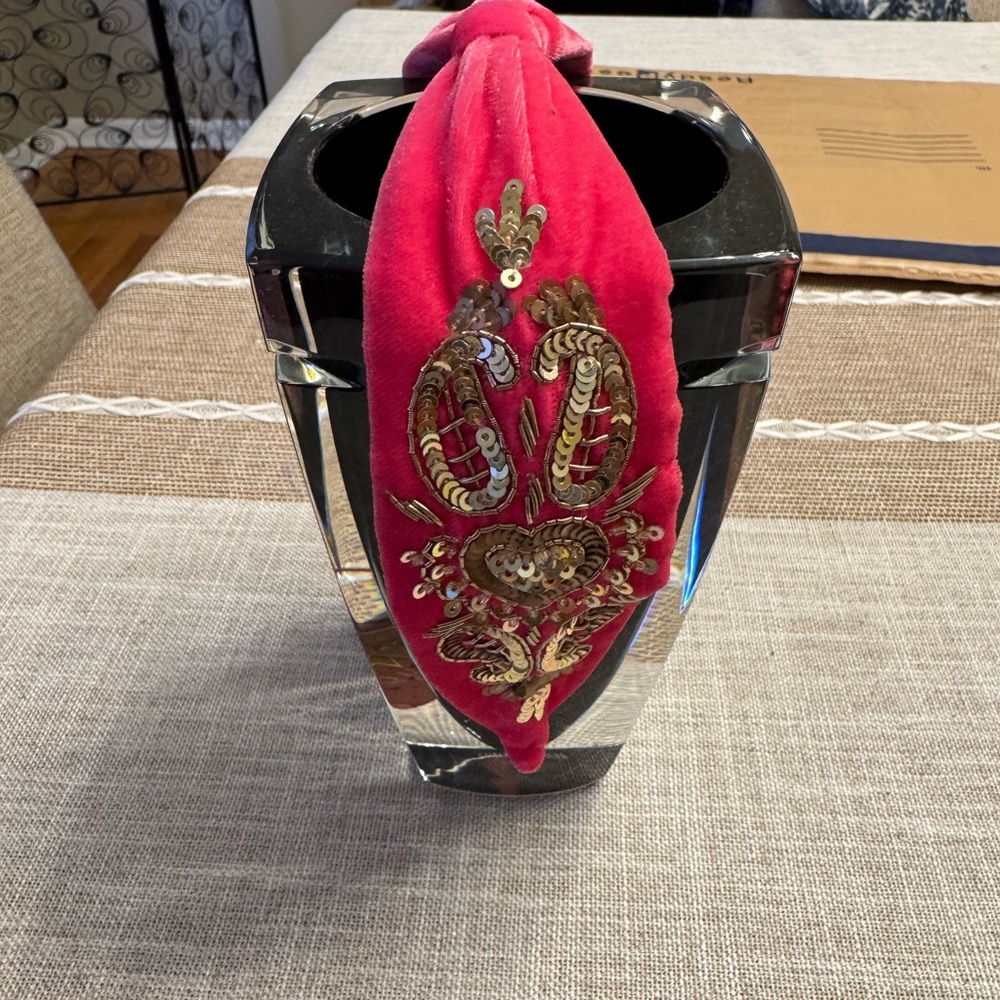 Powder Embroidered Raspberry Velvet with Gold Headband